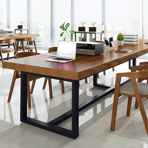 Rectangle Trestle Base Industrial Table Wood Color Fixed Table of Solid Wood Clearhalo ' dining_table' 'Dining Tables & Seating' 'Dining Tables' 'furn' 'furn_dining_table' 'Furniture' 'furniture_dining_table' 'Kitchen & Dining Furniture' 'kitchen&dining_furn' 'kitchen' 'kitchen_dining_table' 1200x1200_04e69d34-b987-4e66-818e-311f6c3bf74d
