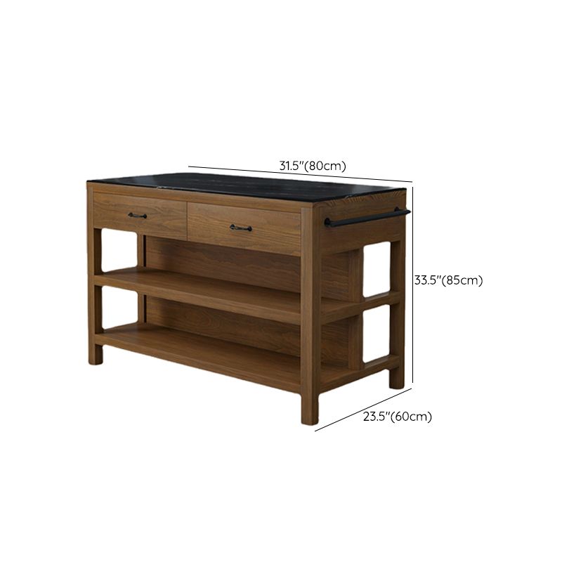 Brown Rectangular Kitchen Island Table with Solid Wood Open Storage