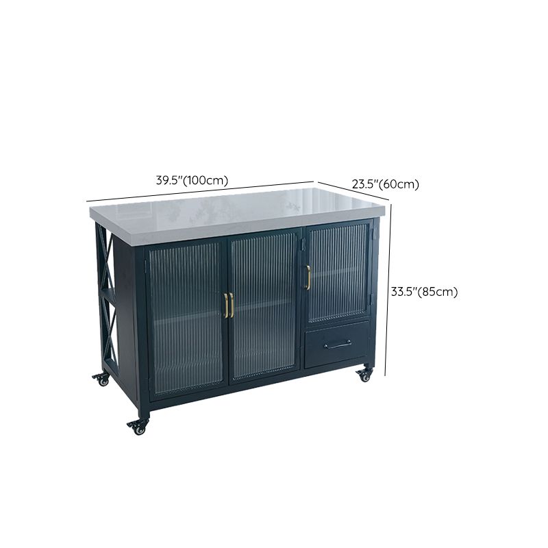Carrello isola della cucina rettangolare in finto marmo con mobile in vetro