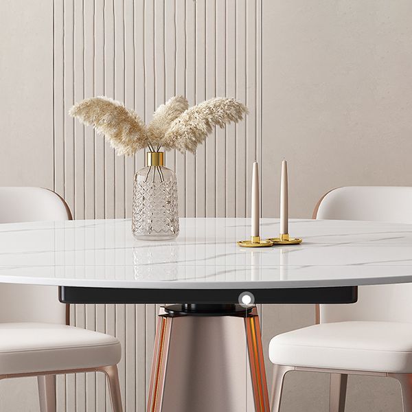 Modern White Round Extendable Dining Table with Metal Pedestal Base Clearhalo 'Dining Tables & Seating' 'Dining Tables' 'dining_table' 'furn' 'furn_dining_table' 'Furniture' 'Kitchen & Dining Furniture' 1200x1200_aeeb608a-6563-4205-ae93-486d8b0b579b
