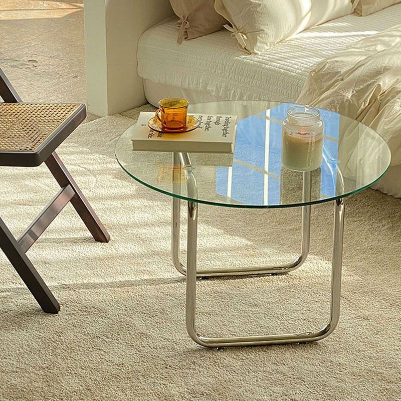 Modern Glass Coffee Table with Sled Stainless Steel Base Cocktail Table