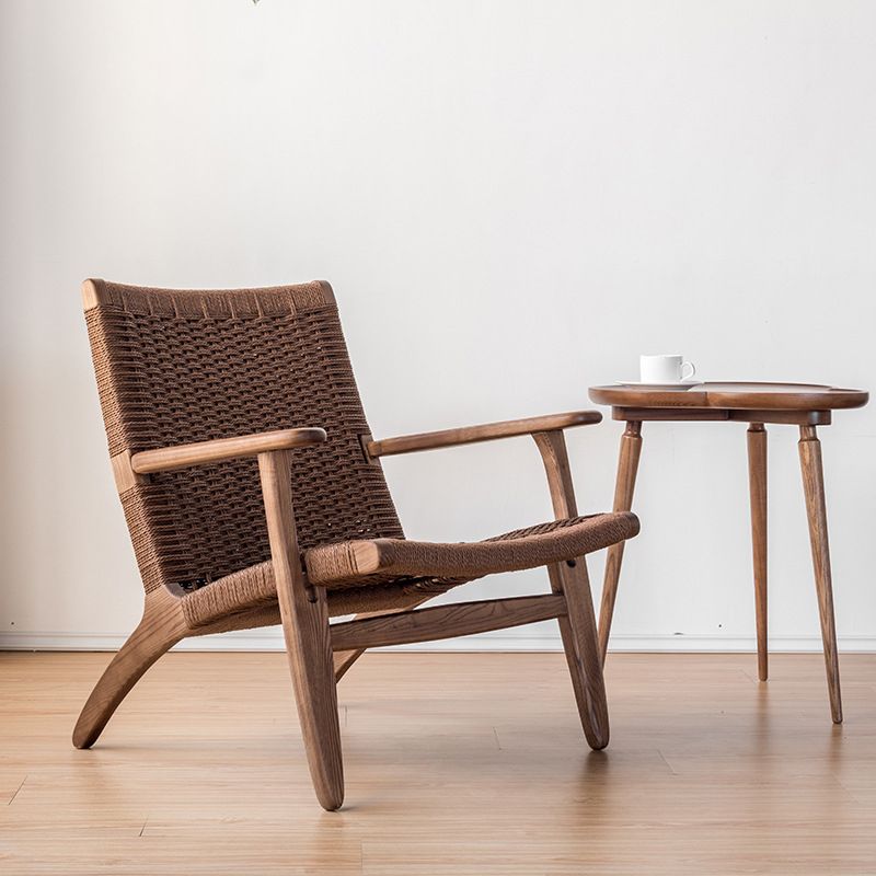 Solid Wood Frame Lounge Chair Arms Included Woven Back Chair - Clearhalo