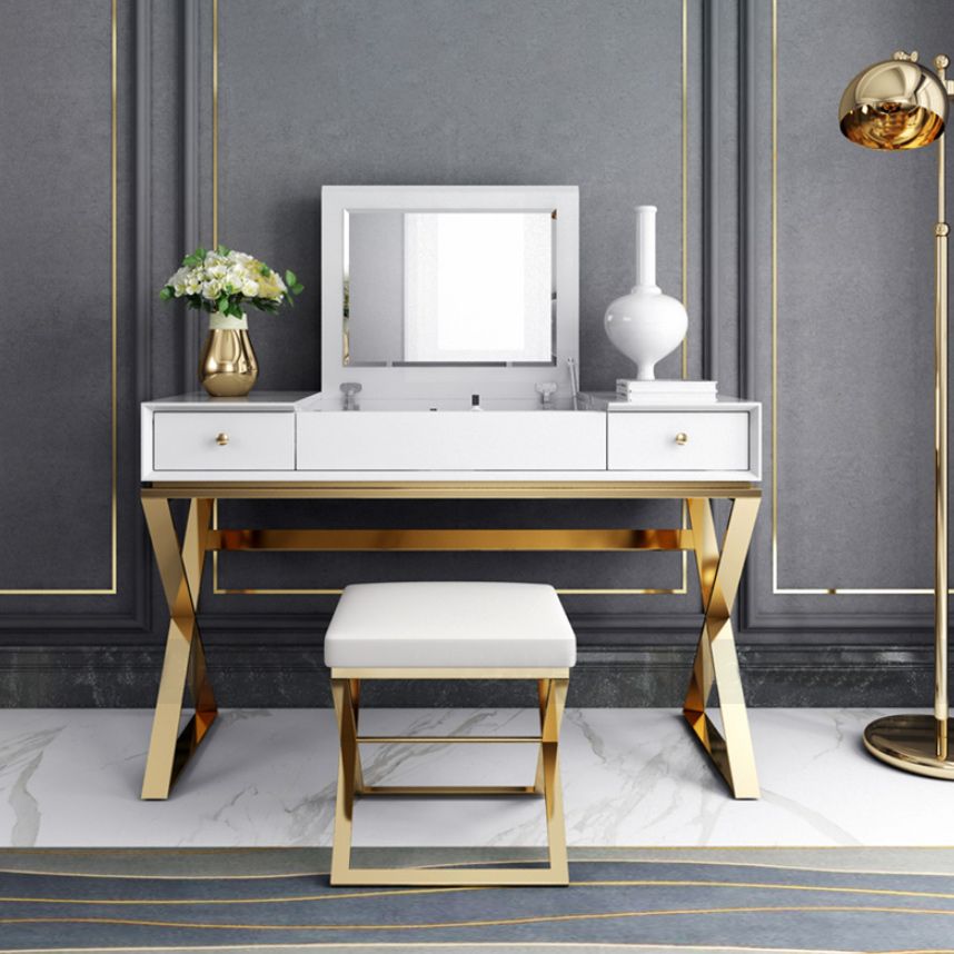 スツールミラーベッドルームのメタリックメイクアップバニティを備えた現代の白