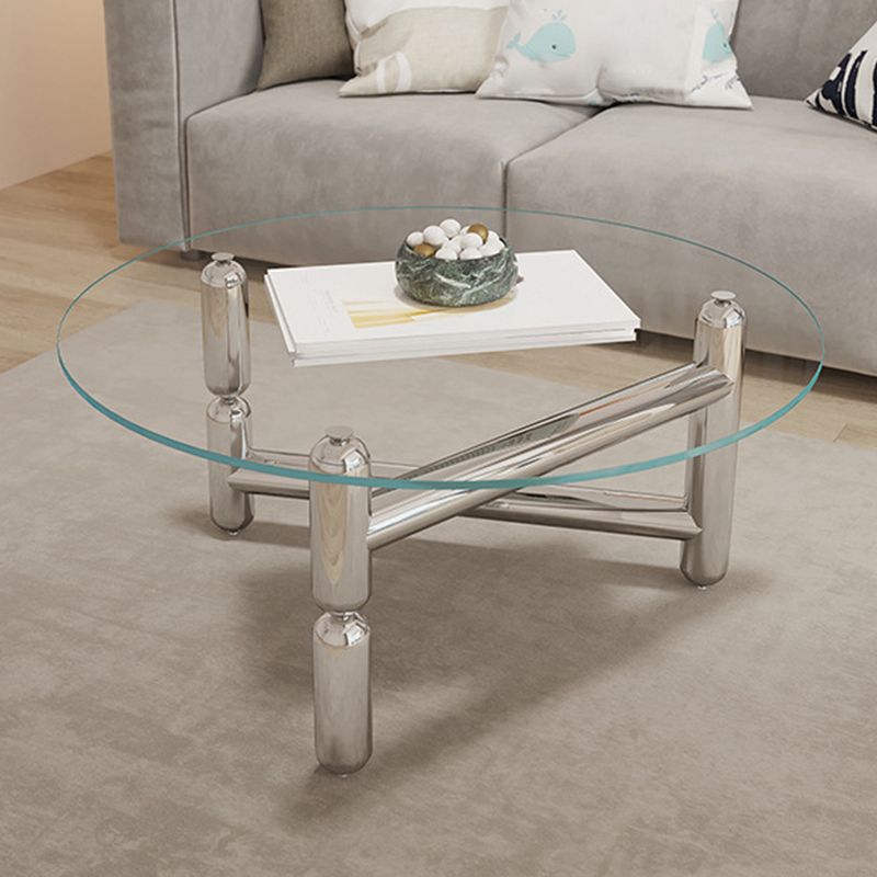 Modern Round Glass Coffee Table Stainless Steel 3 Legs Cocktail Table