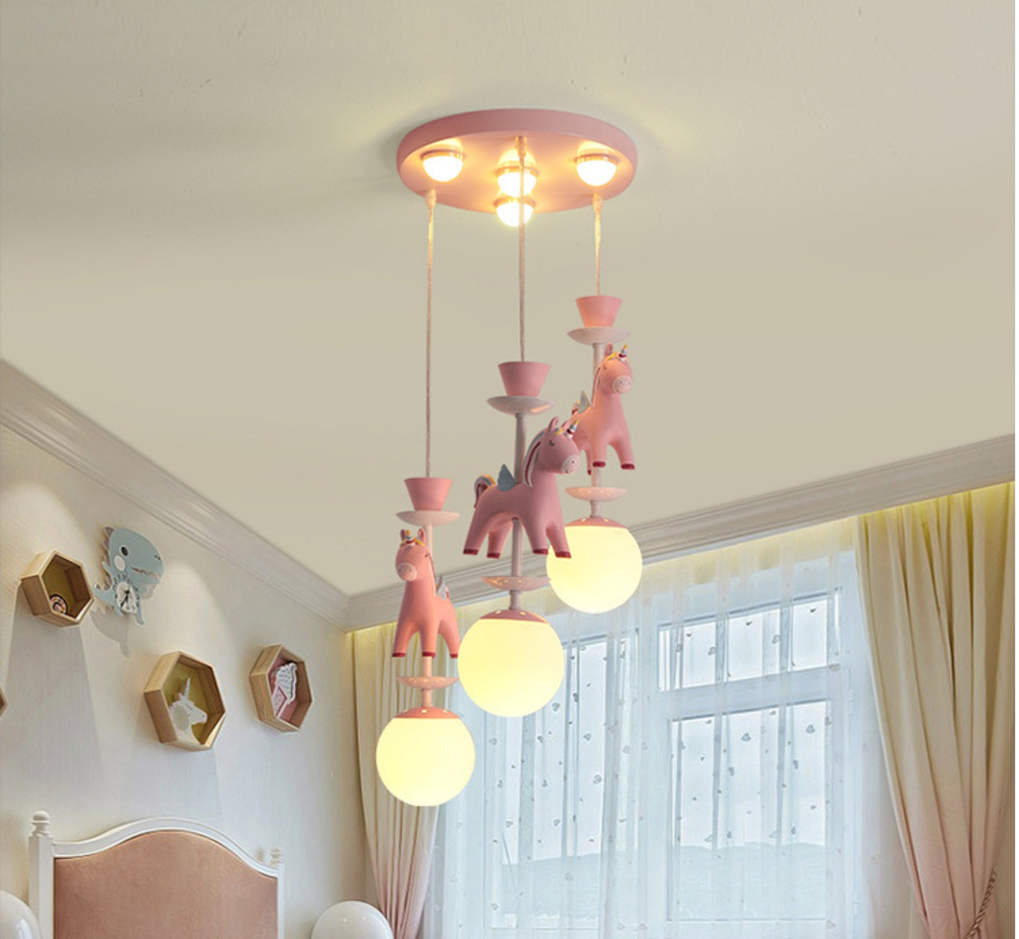 Cartoon LED Ceiling Pendant White Horse Multiple Hanging Light with Metal Shade for Bedroom 3 Pink Clearhalo 'Ceiling Lights' 'Pendant Lights' 'Pendants' Lighting' 20250513182844