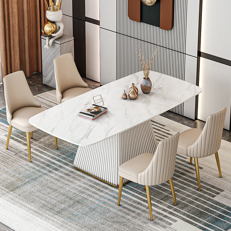 Glam Dining Room Set with Rectangle Sintered Stone Top and Pedestal Base Dining Furniture White with 4 Chairs Clearhalo 'Dining Room Sets' 'Dining Tables & Seating' 'dining_room_set' 'furn' 'furn_dining_room_set' 'Furniture' 'furniture_dining_room_set' 'Kitchen & Dining Furniture' 'kitchen&dining_furn' 'kitchen' 3361361