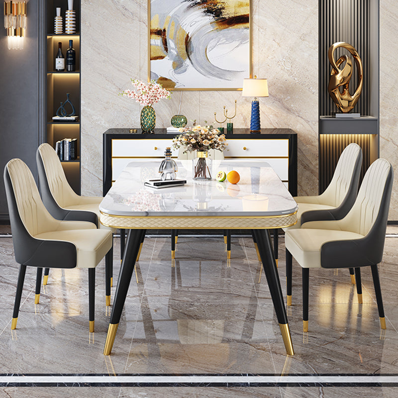 Modern Style Marble Table with White Table and 4 Black Legs Base for Home Use White with 4 Chairs Clearhalo 'Dining Room Sets' 'Dining Tables & Seating' 'dining_room_set' 'furn' 'furn_dining_room_set' 'Furniture' 'furniture_dining_room_set' 'Kitchen & Dining Furniture' 'kitchen&dining_furn' 'kitchen' 3370548