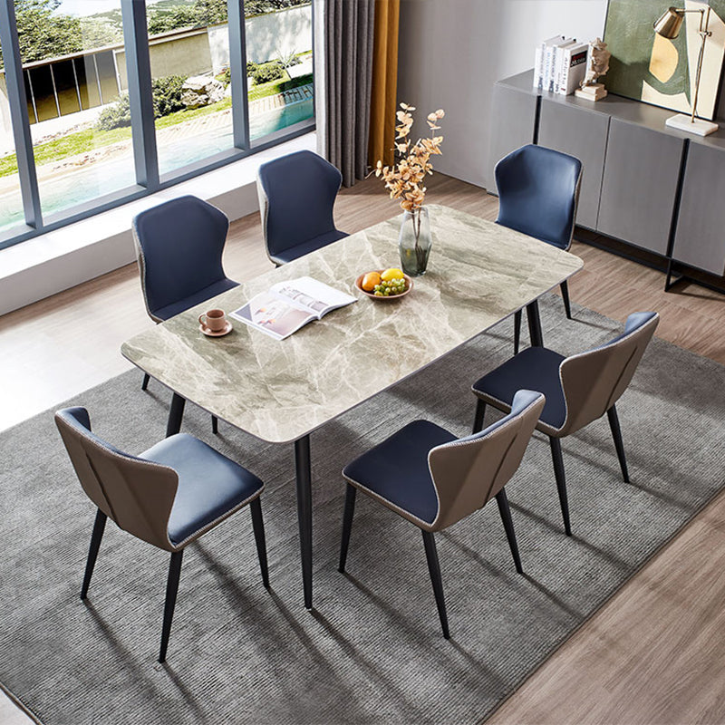 Modern Sintered Stone Gray Dining Set with Rectangle Table and Black Legs Dining Set with 6 Chairs Clearhalo 'Dining Room Sets' 'Dining Tables & Seating' 'dining_room_set' 'furn' 'furn_dining_room_set' 'Furniture' 'furniture_dining_room_set' 'Kitchen & Dining Furniture' 'kitchen&dining_furn' 'kitchen' 3385230