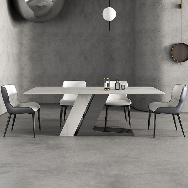 Modern Style Sintered Stone Dining Set with White Rectangle Shape Table and Double Pedestal Base with 4 Chairs Clearhalo 'Dining Room Sets' 'Dining Tables & Seating' 'dining_room_set' 'furn' 'furn_dining_room_set' 'Furniture' 'furniture_dining_room_set' 'Kitchen & Dining Furniture' 'kitchen&dining_furn' 'kitchen' 3407233
