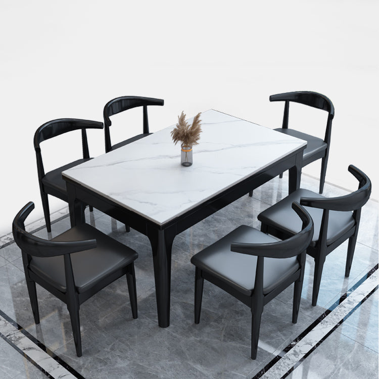 Modern Style Sintered Stone Standard Dining Set White Rectangle Dining Set for Kitchen 59.1"L x 35.4"W x 29.5"H with 6 Chairs Clearhalo 'Dining Room Sets' 'Dining Tables & Seating' 'dining_room_set' 'furn' 'furn_dining_room_set' 'Furniture' 'furniture_dining_room_set' 'Kitchen & Dining Furniture' 'kitchen&dining_furn' 'kitchen' 3422734