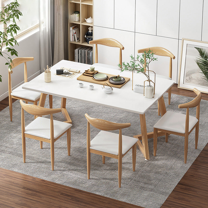 Minimalist Style Traditional Height Dining Set with Rectangle Shape Table and Double Pedestal Base 55.1"L x 31.5"W x 29.5"H White 7 Piece Set Clearhalo 'Dining Room Sets' 'Dining Tables & Seating' 'dining_room_set' 'furn' 'furn_dining_room_set' 'Furniture' 'furniture_dining_room_set' 'Kitchen & Dining Furniture' 'kitchen&dining_furn' 'kitchen' 3447246