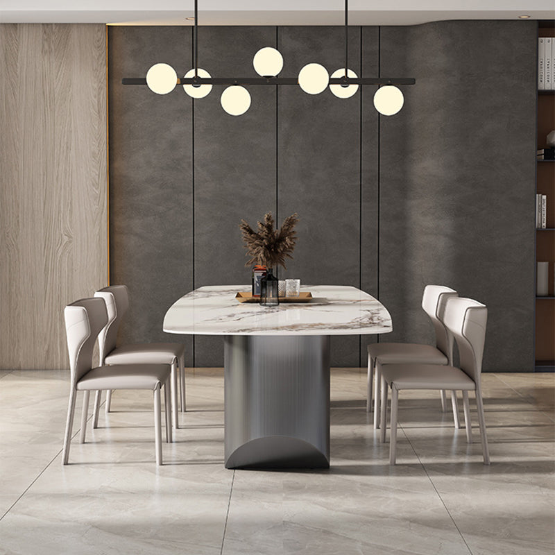 Minimalist Style Sintered Stone Dining Set with White Fixed Table and Black Double Pedestal Base 5 Piece Set Clearhalo 'Dining Room Sets' 'Dining Tables & Seating' 'dining_room_set' 'furn' 'furn_dining_room_set' 'Furniture' 'furniture_dining_room_set' 'Kitchen & Dining Furniture' 'kitchen&dining_furn' 'kitchen' 3447416
