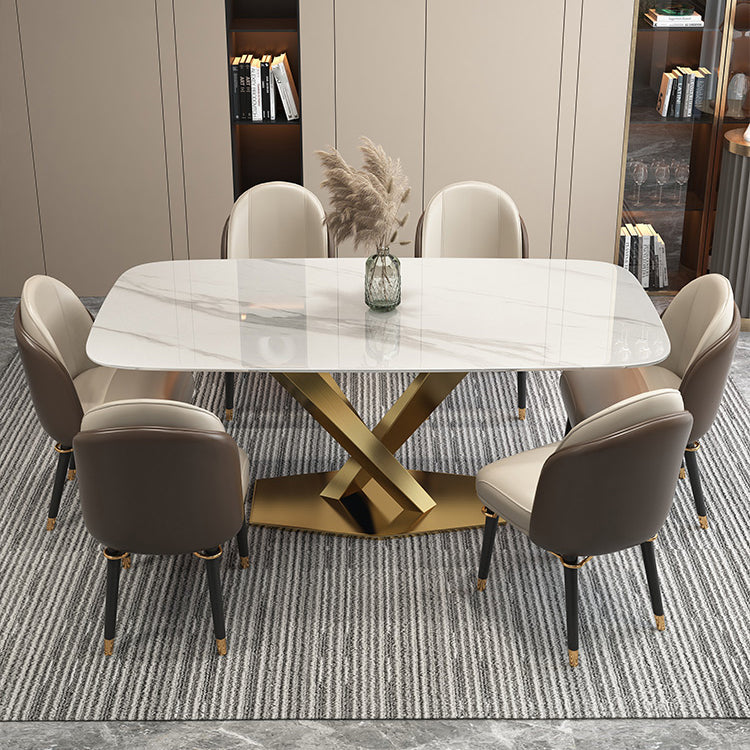 Contemporary Dining Set Rectangular Dining Table with X-shaped Metal Shelf 7 Piece Set Clearhalo 'Dining Room Sets' 'Dining Tables & Seating' 'dining_room_set' 'furn' 'furn_dining_room_set' 'Furniture' 'furniture_dining_room_set' 'Kitchen & Dining Furniture' 'kitchen&dining_furn' 'kitchen' 3473753