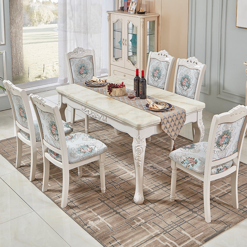 Victorian Marble Table Set of 5/7 with Rectangle Table Caved Dining Set with Textile Chairs 7 Piece Set Clearhalo 'Dining Room Sets' 'Dining Tables & Seating' 'dining_room_set' 'furn' 'furn_dining_room_set' 'Furniture' 'furniture_dining_room_set' 'Kitchen & Dining Furniture' 'kitchen&dining_furn' 'kitchen' 3473844