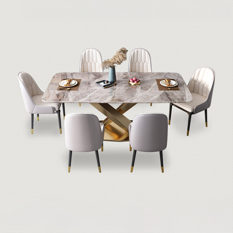 Modern Style Sintered Stone Dining Table with Standard Height Fixed Table and Gold Trestle Base 7 Piece Set Clearhalo 'Dining Room Sets' 'Dining Tables & Seating' 'dining_room_set' 'furn' 'furn_dining_room_set' 'Furniture' 'furniture_dining_room_set' 'Kitchen & Dining Furniture' 'kitchen&dining_furn' 'kitchen' 3474029