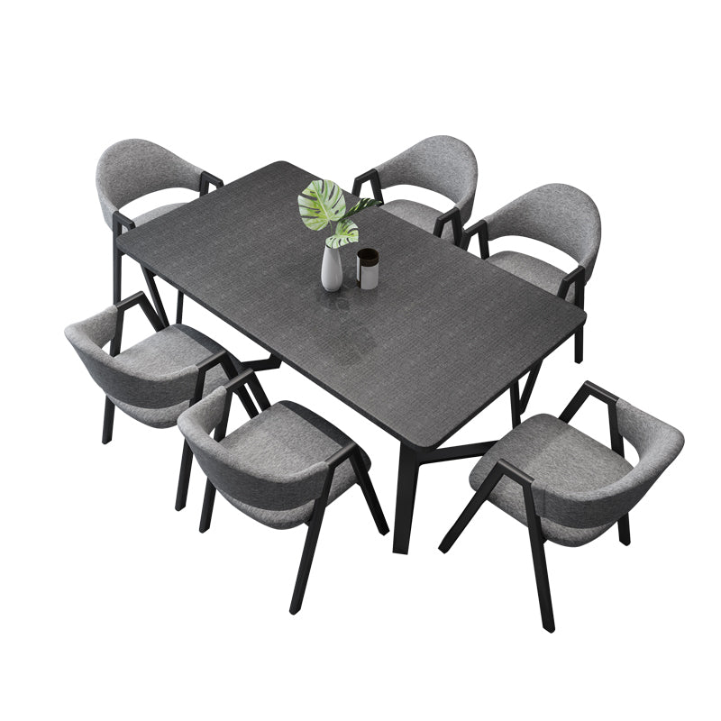 Modern Style Traditional Height Dining Set with Rectangle Shape Table and Black Double Pedestal Base 7 Piece Set Clearhalo 'Dining Room Sets' 'Dining Tables & Seating' 'dining_room_set' 'furn' 'furn_dining_room_set' 'Furniture' 'furniture_dining_room_set' 'Kitchen & Dining Furniture' 'kitchen&dining_furn' 'kitchen' 3474123