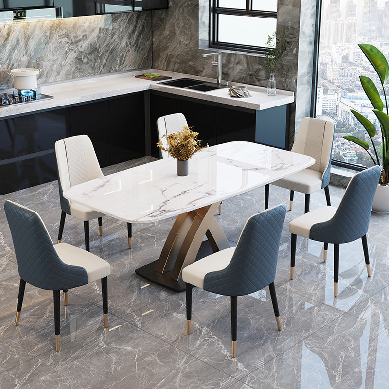 Contemporary Dining Room Set Metal Frame White Slate Rectangular Dining Table Set for Home 7 Piece Set Clearhalo 'Dining Room Sets' 'Dining Tables & Seating' 'dining_room_set' 'furn' 'furn_dining_room_set' 'Furniture' 'furniture_dining_room_set' 'Kitchen & Dining Furniture' 'kitchen&dining_furn' 'kitchen' 3474213