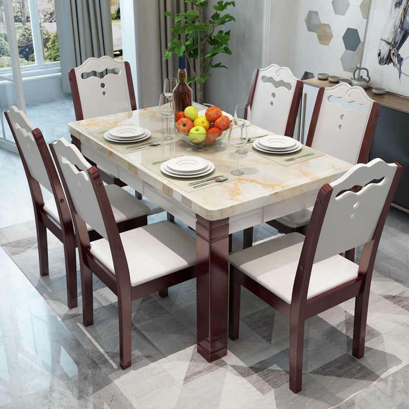 Modern Style Marble Dining Table Set Rectangular Dining Table with Solid Wood Base Walnut 7 Piece Set Clearhalo 'Dining Room Sets' 'Dining Tables & Seating' 'dining_room_set' 'furn' 'furn_dining_room_set' 'Furniture' 'furniture_dining_room_set' 'Kitchen & Dining Furniture' 'kitchen&dining_furn' 'kitchen' 3475103