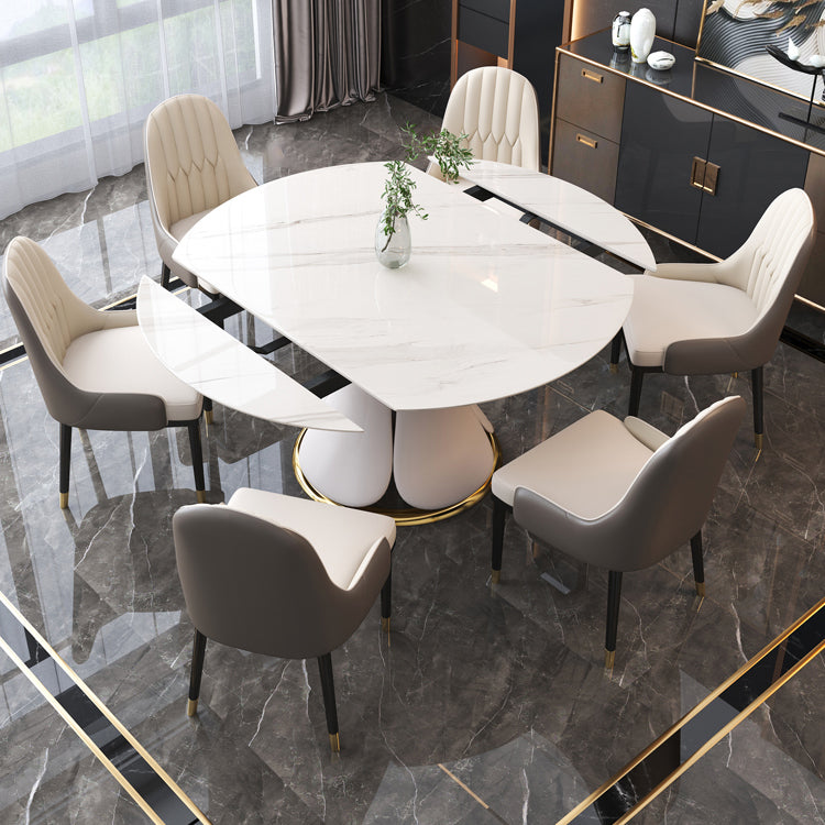 Contemporary Style Sintered Stone Dining Table with Built-in Storage Layer and Pedestal Base 7 Piece Set Clearhalo 'Dining Room Sets' 'Dining Tables & Seating' 'dining_room_set' 'furn' 'furn_dining_room_set' 'Furniture' 'furniture_dining_room_set' 'Kitchen & Dining Furniture' 'kitchen&dining_furn' 'kitchen' 3485496