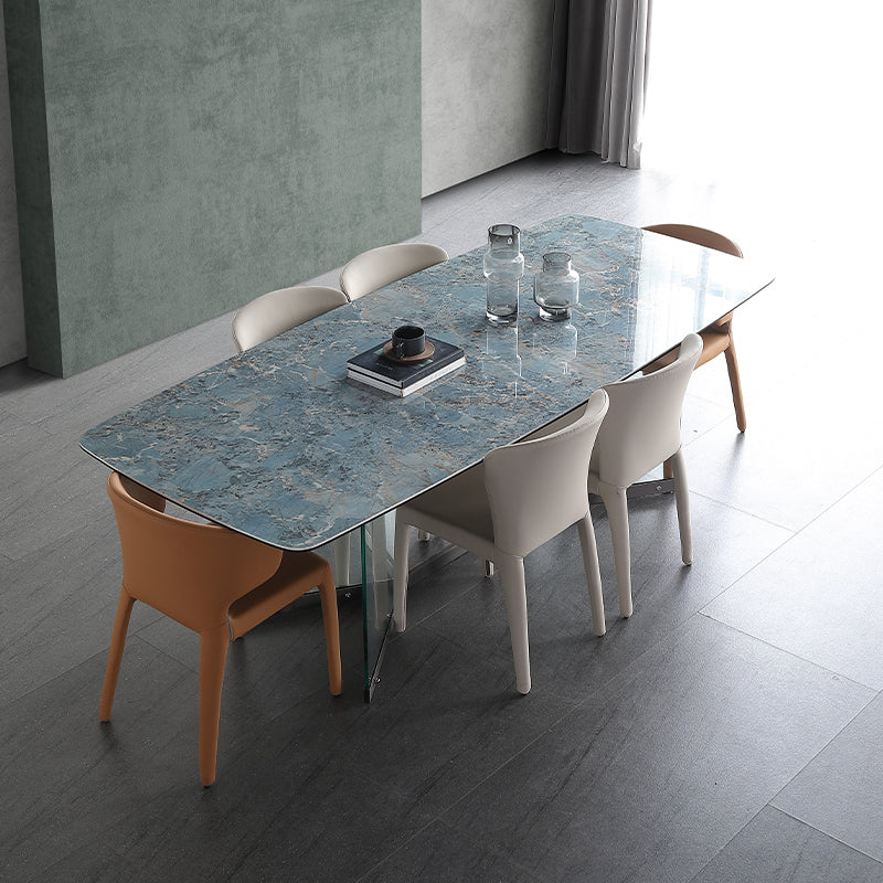 Blue Rectangle Sintered Stone Dining Table for 4/6 with Glass Base Dining Set for Restaurant Blue 7 Piece Set Clearhalo 'Dining Room Sets' 'Dining Tables & Seating' 'dining_room_set' 'furn' 'furn_dining_room_set' 'Furniture' 'furniture_dining_room_set' 'Kitchen & Dining Furniture' 'kitchen&dining_furn' 'kitchen' 3485688