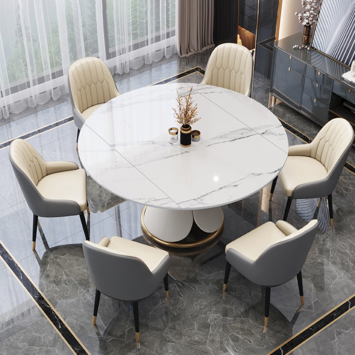 Nordic Round Sintered Stone Dining Table of 5/7 with Metal Base Foldable Dining Set for Restaurant 7 Piece Set Clearhalo 'Dining Room Sets' 'Dining Tables & Seating' 'dining_room_set' 'furn' 'furn_dining_room_set' 'Furniture' 'furniture_dining_room_set' 'Kitchen & Dining Furniture' 'kitchen&dining_furn' 'kitchen' 3485701