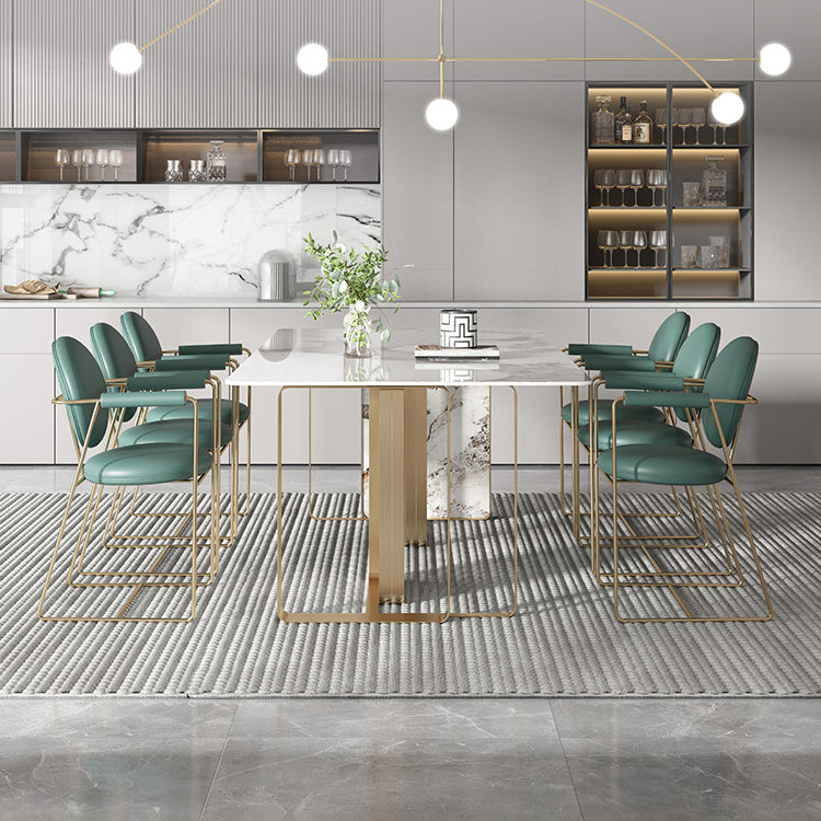 Contemporary Style Sintered Stone Dining Table with White Fixed Table and Double Pedestal Base 7 Piece Set Clearhalo 'Dining Room Sets' 'Dining Tables & Seating' 'dining_room_set' 'furn' 'furn_dining_room_set' 'Furniture' 'furniture_dining_room_set' 'Kitchen & Dining Furniture' 'kitchen&dining_furn' 'kitchen' 3491392