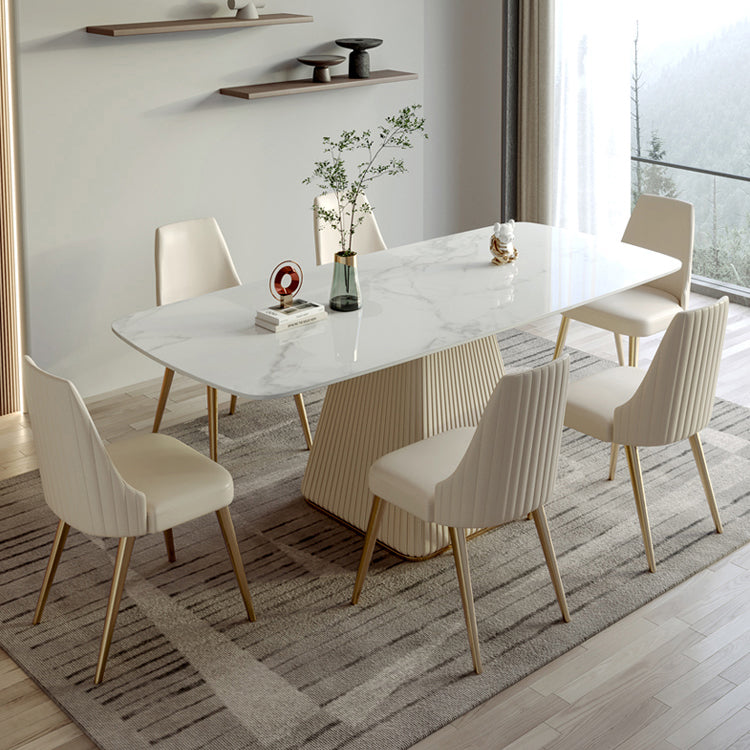 Contemporary Style Sintered Stone Dining Table with White Fixed Table and Pedestal Base 7 Piece Set Clearhalo 'Dining Room Sets' 'Dining Tables & Seating' 'dining_room_set' 'furn' 'furn_dining_room_set' 'Furniture' 'furniture_dining_room_set' 'Kitchen & Dining Furniture' 'kitchen&dining_furn' 'kitchen' 3491457