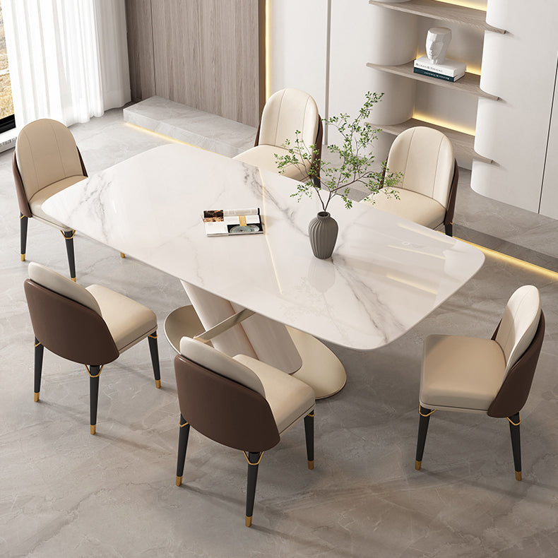 Modern Style Sintered Stone Dining Table with White Fixed Table and Trestle Base 7 Piece Set Clearhalo 'Dining Room Sets' 'Dining Tables & Seating' 'dining_room_set' 'furn' 'furn_dining_room_set' 'Furniture' 'furniture_dining_room_set' 'Kitchen & Dining Furniture' 'kitchen&dining_furn' 'kitchen' 3491472
