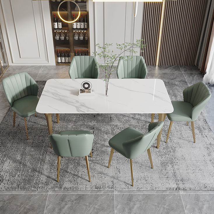 Modern Style Traditional Height Dining Set with Fixed Rectangle Shape Table and 4 Gold Legs Base 7 Piece Set Clearhalo 'Dining Room Sets' 'Dining Tables & Seating' 'dining_room_set' 'furn' 'furn_dining_room_set' 'Furniture' 'furniture_dining_room_set' 'Kitchen & Dining Furniture' 'kitchen&dining_furn' 'kitchen' 3492491