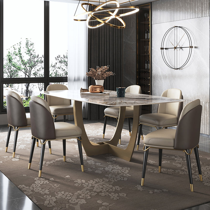 Minimalist Style Sintered Stone Dining Table with Rectangle Shape Fixed Table and Trestle Base 7 Piece Set Clearhalo 'Dining Room Sets' 'Dining Tables & Seating' 'dining_room_set' 'furn' 'furn_dining_room_set' 'Furniture' 'furniture_dining_room_set' 'Kitchen & Dining Furniture' 'kitchen&dining_furn' 'kitchen' 3492509