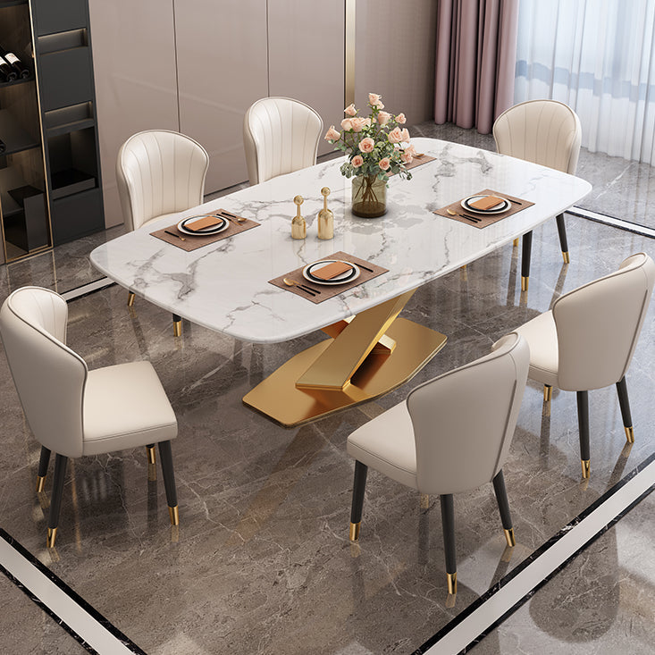 Modern Rectangle Sintered Stone Dining Table for 4/6 with Metal Base Dining Set for Restaurant 7 Piece Set Clearhalo 'Dining Room Sets' 'Dining Tables & Seating' 'dining_room_set' 'furn' 'furn_dining_room_set' 'Furniture' 'furniture_dining_room_set' 'Kitchen & Dining Furniture' 'kitchen&dining_furn' 'kitchen' 3492745