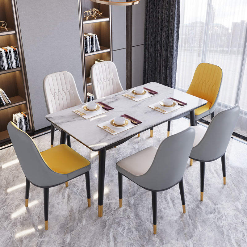 Modern White Slate Rectangular Dining Table Set with Four-leg Rubber Wood Base 7 Piece Set Clearhalo 'Dining Room Sets' 'Dining Tables & Seating' 'dining_room_set' 'furn' 'furn_dining_room_set' 'Furniture' 'furniture_dining_room_set' 'Kitchen & Dining Furniture' 'kitchen&dining_furn' 'kitchen' 3565659