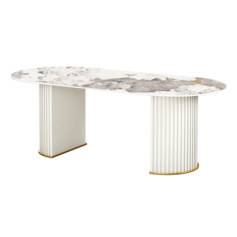 Oval Double Pedestal Modern Dining Table White Fixed Table with Sintered Stone Gold Clearhalo ' dining_table' 'Dining Tables & Seating' 'Dining Tables' 'Furniture' 'furniture_dining_table' 'Kitchen & Dining Furniture' 'kitchen&dining_furn' 'kitchen' 'kitchen_dining_table' 3577579
