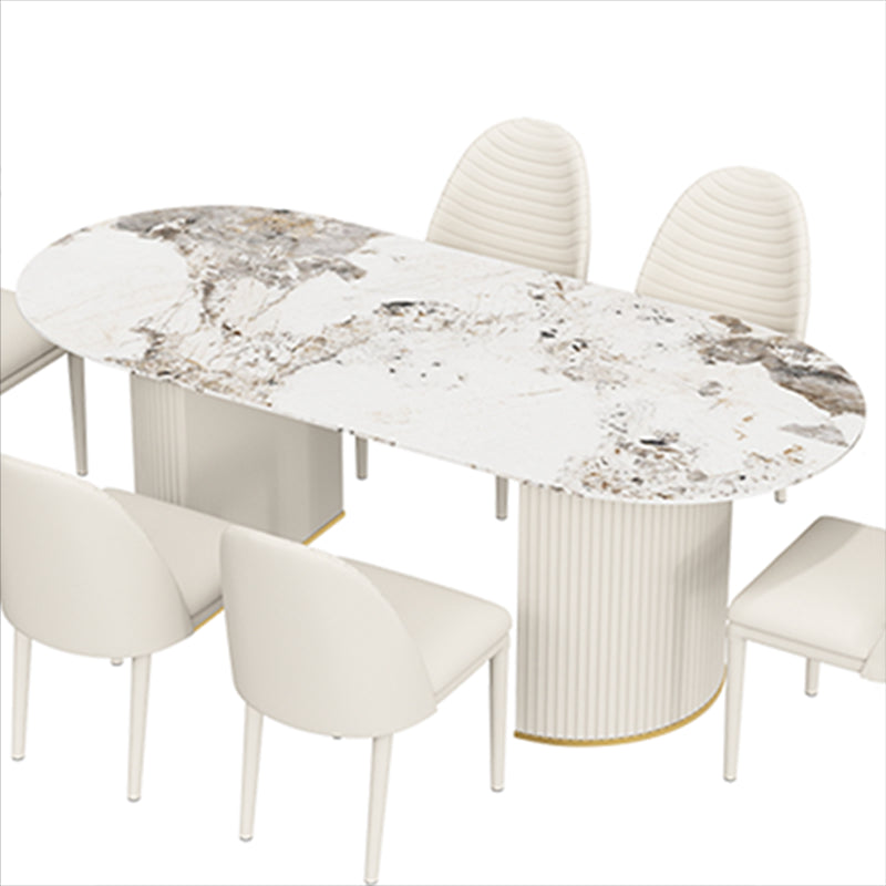 Oval Sintered Stone White Tone Dining Table Simplicity Double Pedestal Table for Dining Room Pandora & Gold Clearhalo ' dining_table' 'Dining Tables & Seating' 'Dining Tables' 'Furniture' 'furniture_dining_table' 'Kitchen & Dining Furniture' 'kitchen&dining_furn' 'kitchen' 'kitchen_dining_table' 3600428