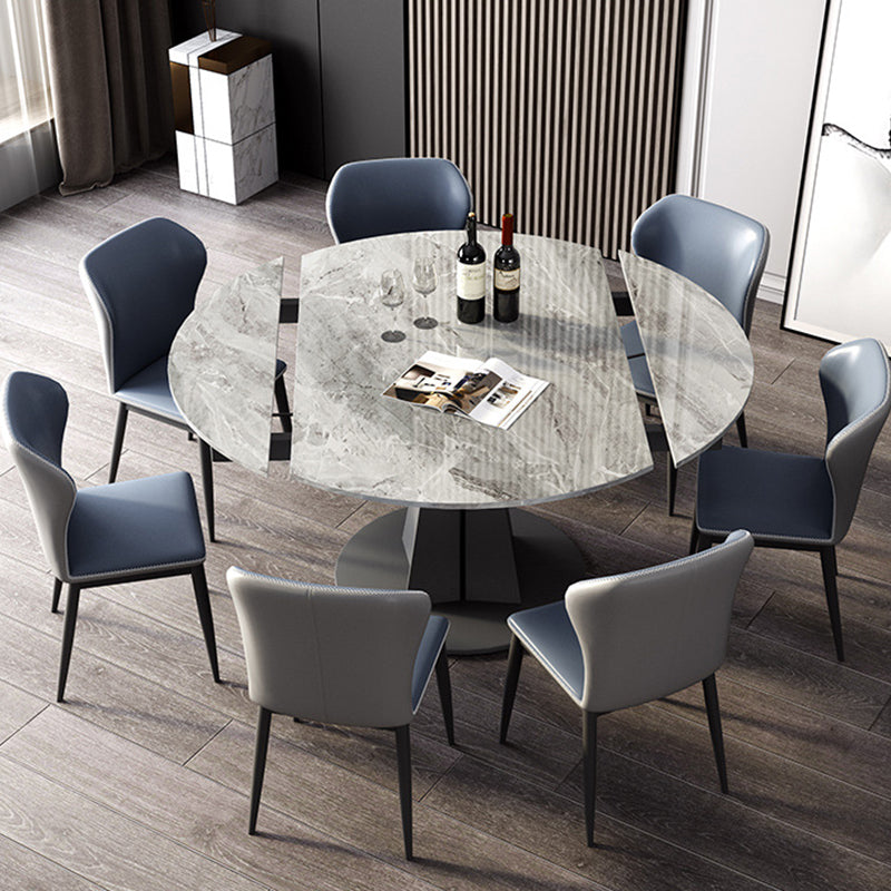 Modern Round Drop-Leaf Dining Table Sintered Stone Table with Pedestal Base,53.1"L x 33.5"W x 30"H Gray Without Chairs Clearhalo ' dining_table' 'Dining Tables & Seating' 'Dining Tables' 'furn' 'furn_dining_table' 'Furniture' 'furniture_dining_table' 'Kitchen & Dining Furniture' 'kitchen&dining_furn' 'kitchen' 'kitchen_dining_table' 3642704