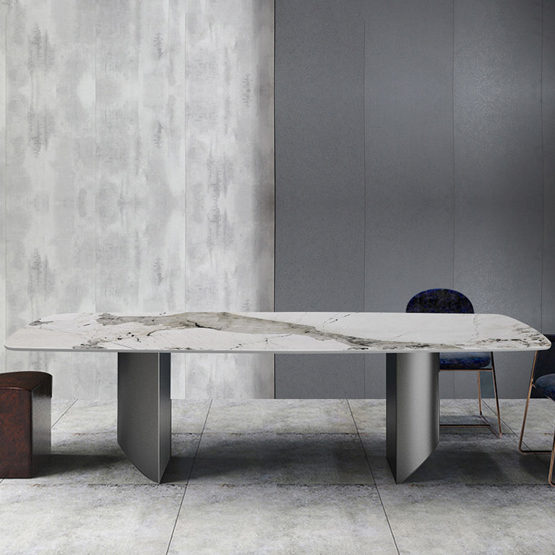 Modern Style Sintered Stone Dining Table Rectangle Table with Double Pedestal Base Clearhalo ' dining_table' 'Dining Tables & Seating' 'Dining Tables' 'furn' 'furn_dining_table' 'Furniture' 'furniture_dining_table' 'Kitchen & Dining Furniture' 'kitchen&dining_furn' 'kitchen' 'kitchen_dining_table' 3642961