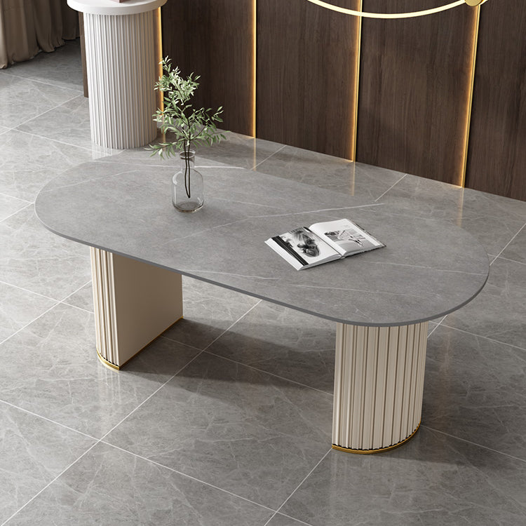 Modern Oval Dining Table Sintered Stone Dining Table with Off White Double Pedestal Gray Without Chairs Clearhalo ' dining_table' 'Dining Tables & Seating' 'Dining Tables' 'furn' 'furn_dining_table' 'Furniture' 'furniture_dining_table' 'Kitchen & Dining Furniture' 'kitchen&dining_furn' 'kitchen' 'kitchen_dining_table' 3703801