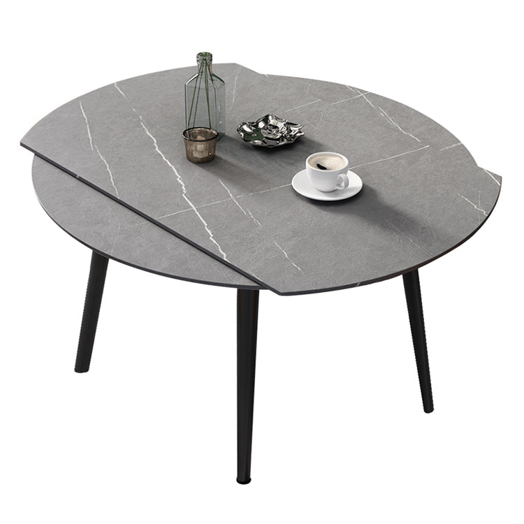 52" Round Sintered Stone Top Table Extendable 4 Legs Dining Table, Metal in Black Grey Without Chairs Clearhalo ' dining_table' 'Dining Tables & Seating' 'Dining Tables' 'furn' 'furn_dining_table' 'Furniture' 'furniture_dining_table' 'Kitchen & Dining Furniture' 'kitchen&dining_furn' 'kitchen' 'kitchen_dining_table' 3703926