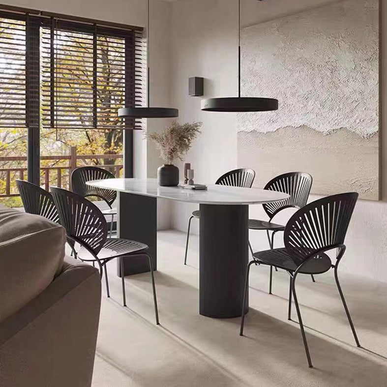 Oval Sintered Stone Dining Table Modern Table in White with Metal Double Pedestal for Restaurant Clearhalo ' dining_table' 'Dining Tables & Seating' 'Dining Tables' 'furn' 'furn_dining_table' 'Furniture' 'furniture_dining_table' 'Kitchen & Dining Furniture' 'kitchen&dining_furn' 'kitchen' 'kitchen_dining_table' 3901691