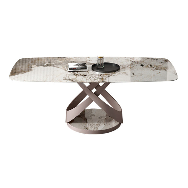 Casual Sintered Stone Standard Dining Table Rectangle Shape Dining Table with Pedestal Base Pandora Gold Without Chairs Clearhalo ' dining_table' 'Dining Tables & Seating' 'Dining Tables' 'furn' 'furn_dining_table' 'Furniture' 'furniture_dining_table' 'Kitchen & Dining Furniture' 'kitchen&dining_furn' 'kitchen' 'kitchen_dining_table' 3959567