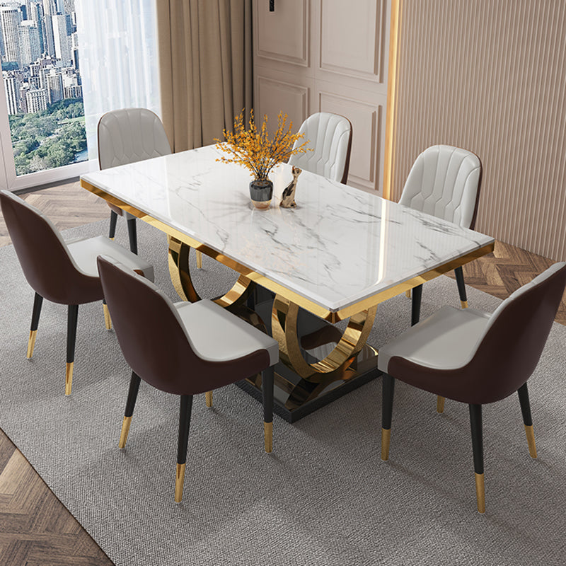 Luxury Marble Dining Table Rectangle Table with Metal Pedestal in Gold White Without Chairs Clearhalo ' dining_table' 'Dining Tables & Seating' 'Dining Tables' 'furn' 'furn_dining_table' 'Furniture' 'furniture_dining_table' 'Kitchen & Dining Furniture' 'kitchen&dining_furn' 'kitchen' 'kitchen_dining_table' 3994810