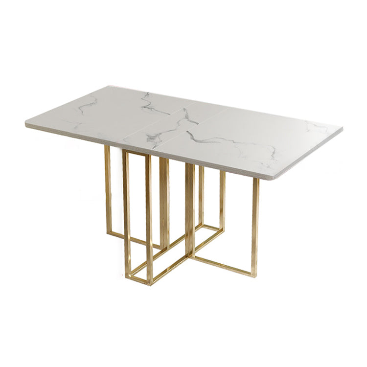 Foldable Artificial Wooden Top Dining Table Extendable Rectangle Table with Trestle Base White-Gold Without Chairs Clearhalo ' dining_table' 'Dining Tables & Seating' 'Dining Tables' 'furn' 'furn_dining_table' 'Furniture' 'furniture_dining_table' 'Kitchen & Dining Furniture' 'kitchen&dining_furn' 'kitchen' 'kitchen_dining_table' 4086678