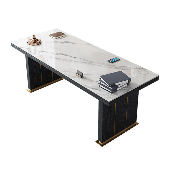 Traditional Luxury Dining Table White Rectangle Sintered Stone Table with Metal Base 63"L x 31.5"W x 29.5"H Without Chairs Clearhalo ' dining_table' 'Dining Tables & Seating' 'Dining Tables' 'furn' 'furn_dining_table' 'Furniture' 'furniture_dining_table' 'Kitchen & Dining Furniture' 'kitchen&dining_furn' 'kitchen' 'kitchen_dining_table' 4086767