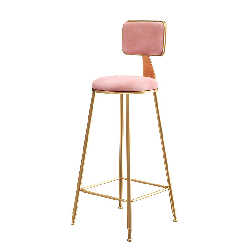 Glam Counter Round Bar Stool Armless Velvet Bar Stool with Iron Base and Footrest Pink Clearhalo 'Bar Furniture' 'Bar Stools' 'bar_stools' 'furn' 'furn_bar_stools' 'furniture_bar_stools' 'Kitchen & Dining Furniture' 'kitchen&dining_furn' 'kitchen' 'kitchen_furn' Furniture' 4263232