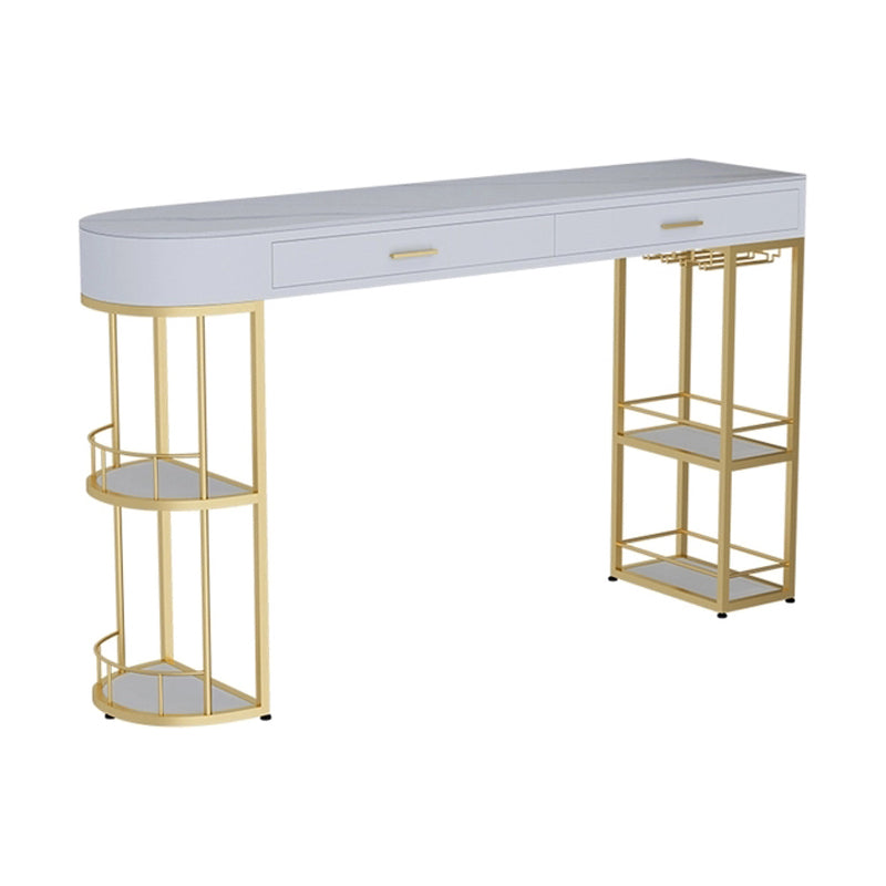 White Stone Indoor Glam Bar Dining Table Iron Double Pedestal Bistro Table with Drawer Gold Without Chairs Clearhalo 'Bar Furniture' 'Bar Tables' 'bar_tables' 'furn' 'furn_bar_tables' 'Furniture' 'furniture_bar_tables' 'Kitchen & Dining Furniture' 'kitchen&dining_furn' 'kitchen' 4274385
