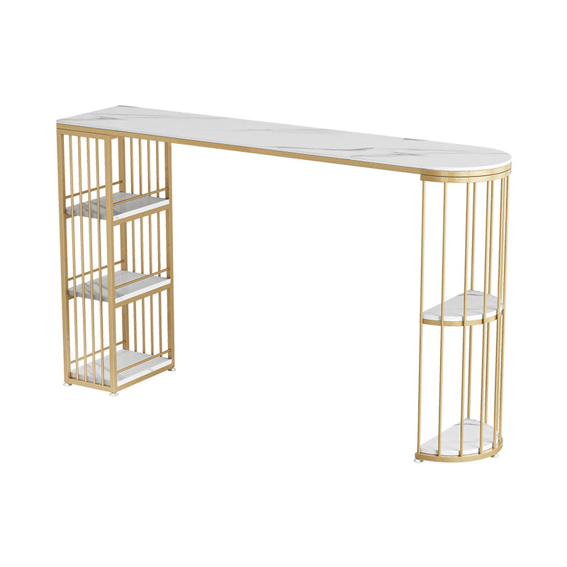 Glam White Stone Indoor Bar Dining Table Iron Double Pedestal Bistro Table with Shelve Gold Without Chairs Clearhalo 'Bar Furniture' 'Bar Tables' 'bar_tables' 'furn' 'furn_bar_tables' 'Furniture' 'furniture_bar_tables' 'Kitchen & Dining Furniture' 'kitchen&dining_furn' 'kitchen' 4274469