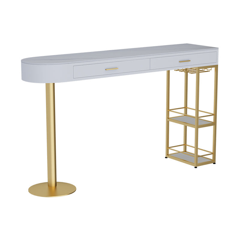 Stone Indoor Glam Bar Dining Table Gold Iron Double Pedestal Bistro Table with Drawer Gloss White Without Chairs Clearhalo 'Bar Furniture' 'Bar Tables' 'bar_tables' 'furn' 'furn_bar_tables' 'Furniture' 'furniture_bar_tables' 'Kitchen & Dining Furniture' 'kitchen&dining_furn' 'kitchen' 4274583