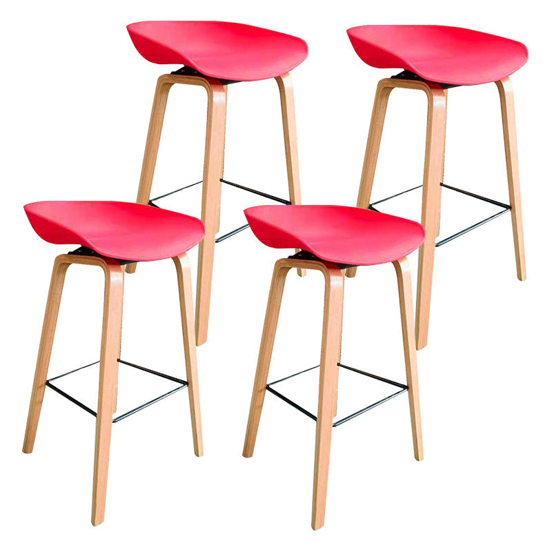 Modern Plastic Counter Stool Footrest Low Back Bucket Coffee Shop Bar Stool with Wood Legs Red 4 Piece Set Clearhalo 'Bar Furniture' 'Bar Stools' 'bar_stools' 'furn' 'furn_bar_stools' 'furniture_bar_stools' 'Kitchen & Dining Furniture' 'kitchen&dining_furn' 'kitchen' 'kitchen_furn' Furniture' 4275818