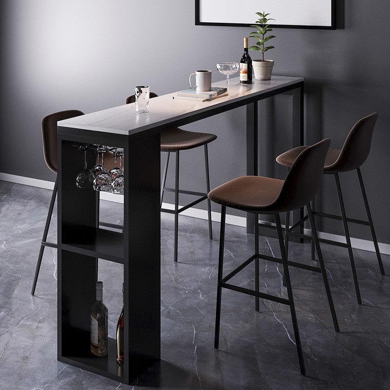Black Marble Double Pedestal Cocktail Bar Table Modern Rectangle Hall/Pub Table 78.7"L x 15.7"W x 41.3"H Without Chairs Clearhalo 'Bar Furniture' 'Bar Tables' 'bar_tables' 'furn' 'furn_bar_tables' 'Furniture' 'furniture_bar_tables' 'Kitchen & Dining Furniture' 'kitchen&dining_furn' 'kitchen' 4285217
