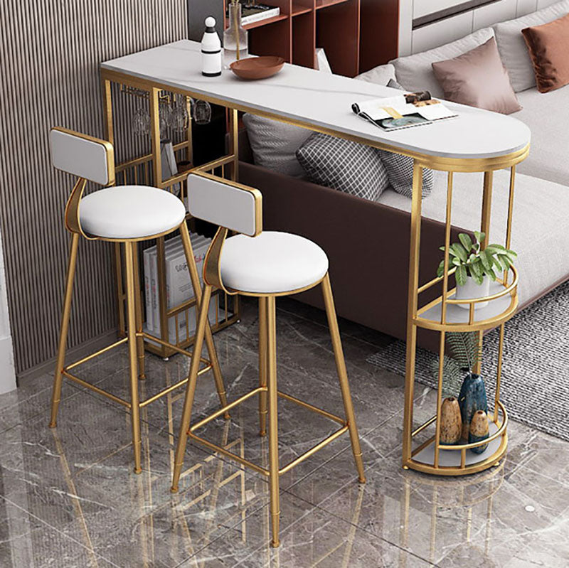 Glam Style Cocktail Bar Table 42-inch Height Metal Base Bar Storage Table 63"L x 15.7"W x 41.3"H Gold Without Chairs Clearhalo 'Bar Furniture' 'Bar Tables' 'bar_tables' 'furn' 'furn_bar_tables' 'Furniture' 'furniture_bar_tables' 'Kitchen & Dining Furniture' 'kitchen&dining_furn' 'kitchen' 4296333